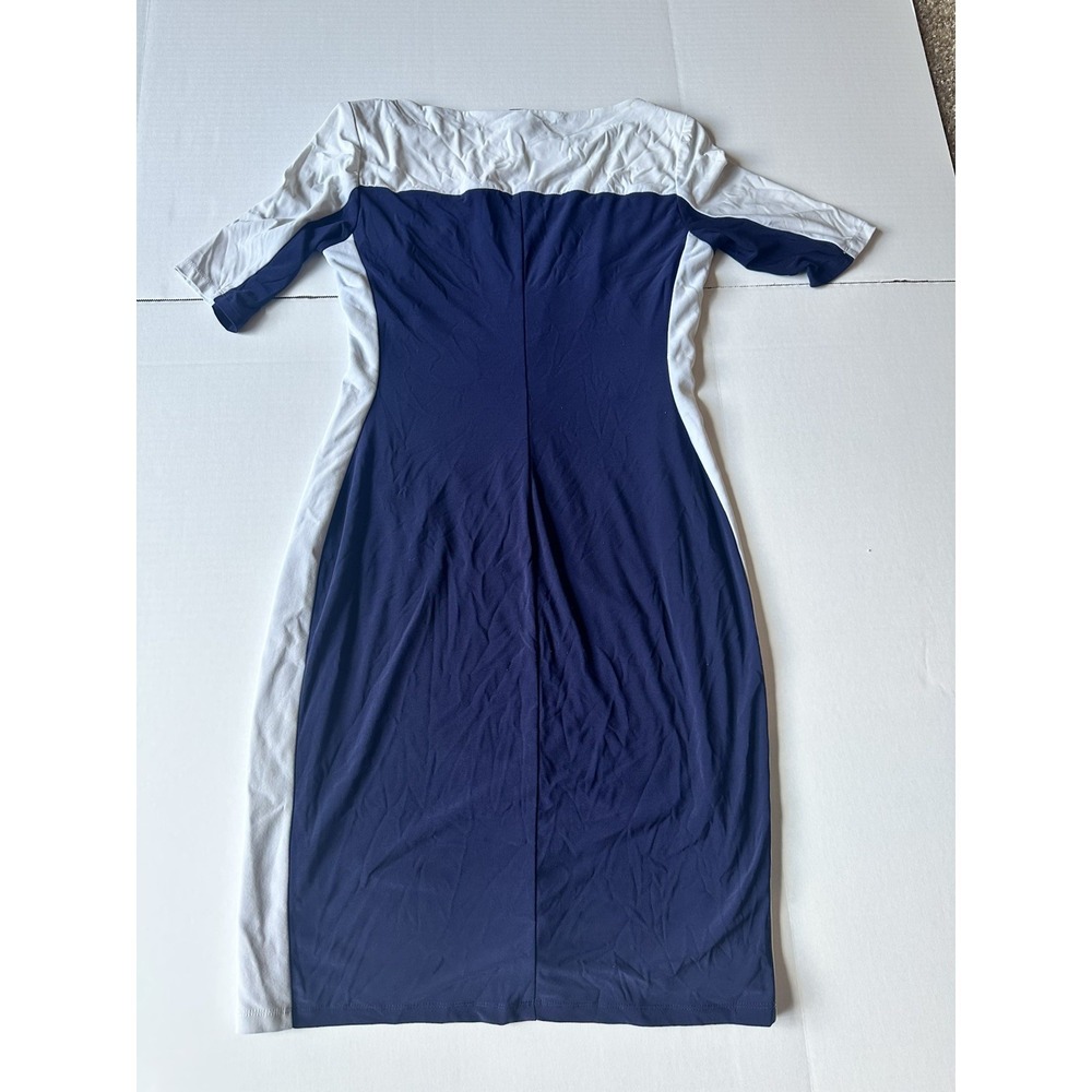 Chaps Colorblock Sheath Dress Navy Blue Gray Ruched Boat Neck Womens Medium - Picture 2 of 9